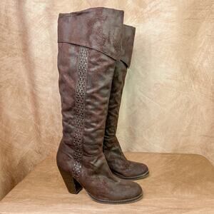 Y2K Calf High Heeled Faux Suede Cuffed Boots Brown Woven Strap Indie Sleaze Euro